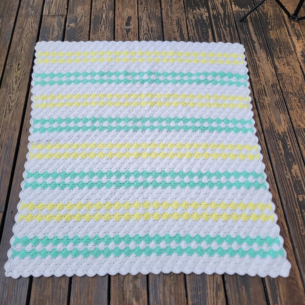 Handmade Crochet Baby Blanket - White, Yellow, and Green
